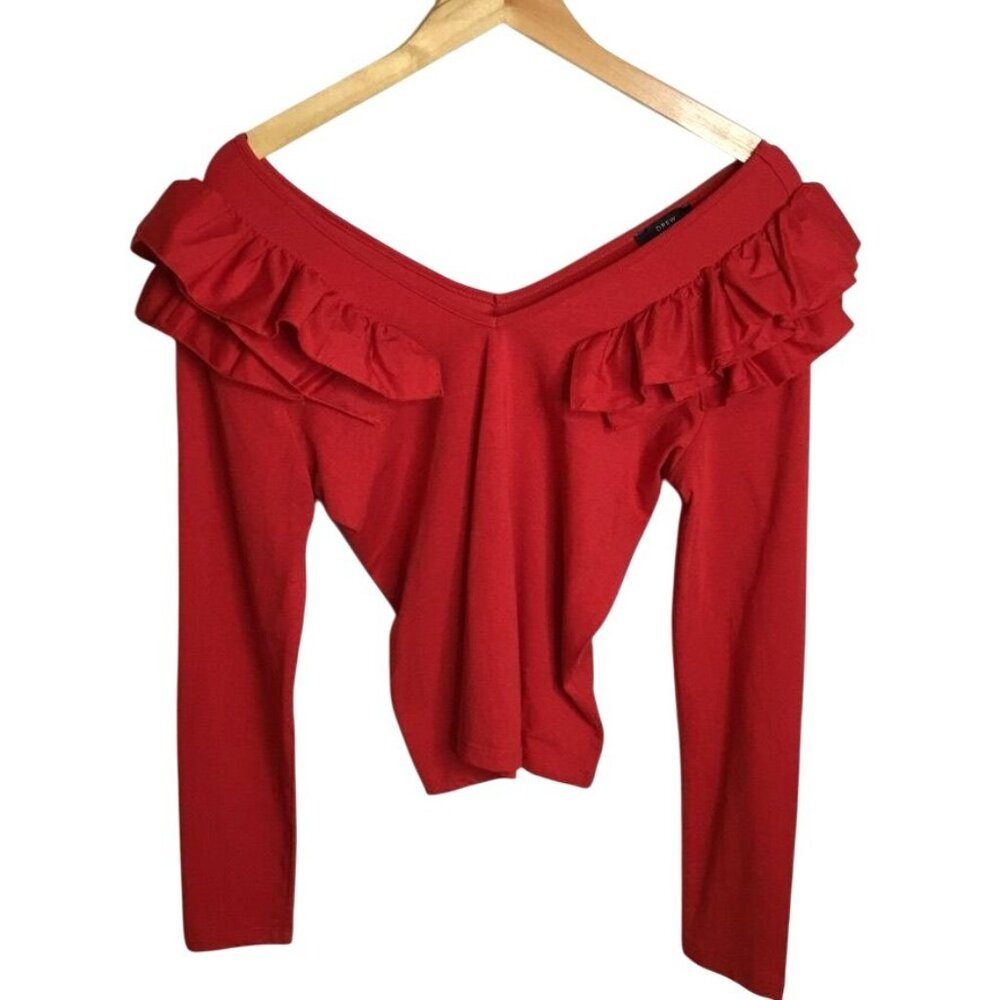 Anthropologie Women Red Ruffle Off The Shoulder VNeck Top Long Sleeves Stretch S